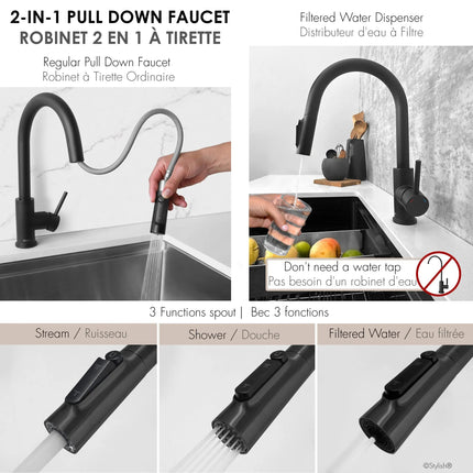 Stylish Modena Single Handle Matte Black Pull Down Kitchen Faucet with Reversible Osmosis - Plumbing Market