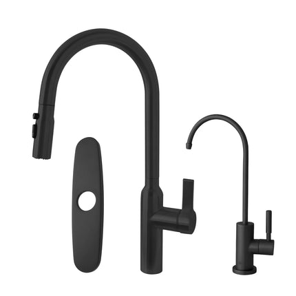 Stylish Napoli Single Handle Matte Black Pull Down Kitchen Faucet  with  Single Handle Matte Black Cold Water Tap Faucet and Faucet Plate - Plumbing Market
