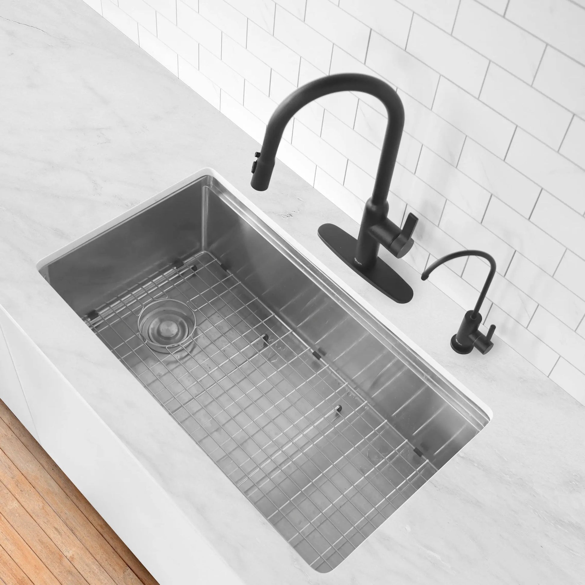 Stylish Napoli Single Handle Matte Black Pull Down Kitchen Faucet  with  Single Handle Matte Black Cold Water Tap Faucet and Faucet Plate - Plumbing Market