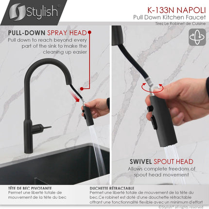 Stylish Napoli Single Handle Matte Black Pull Down Kitchen Faucet  with  Single Handle Matte Black Cold Water Tap Faucet and Faucet Plate - Plumbing Market