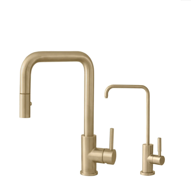 Stylish Rivo Single Handle Brushed Gold Pull Down Kitchen Faucet with Water Tap - Plumbing Market