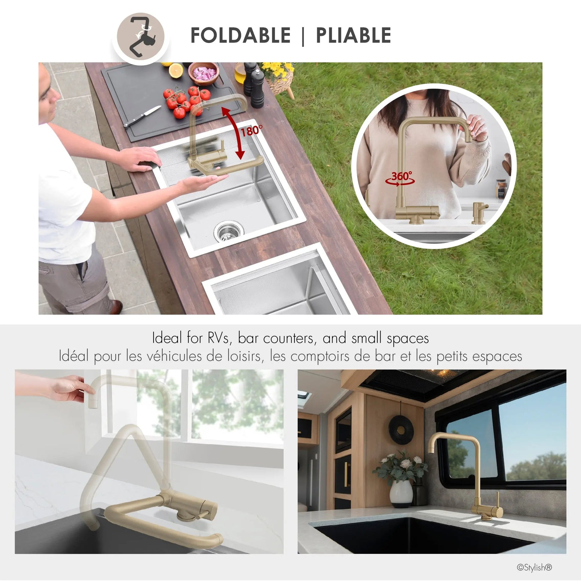 Stylish Single Handle Brushed Gold Foldable Kitchen Faucet - Plumbing Market