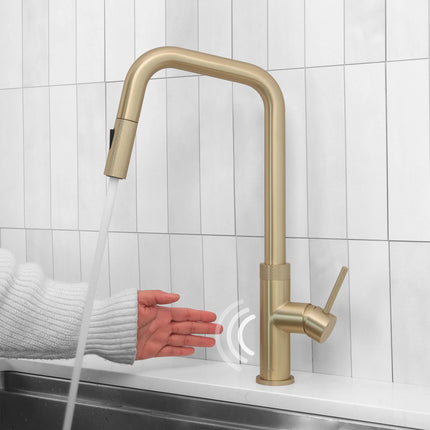 Stylish Single Handle Brushed Gold Pull Down Touchless Kitchen Faucet - Plumbing Market