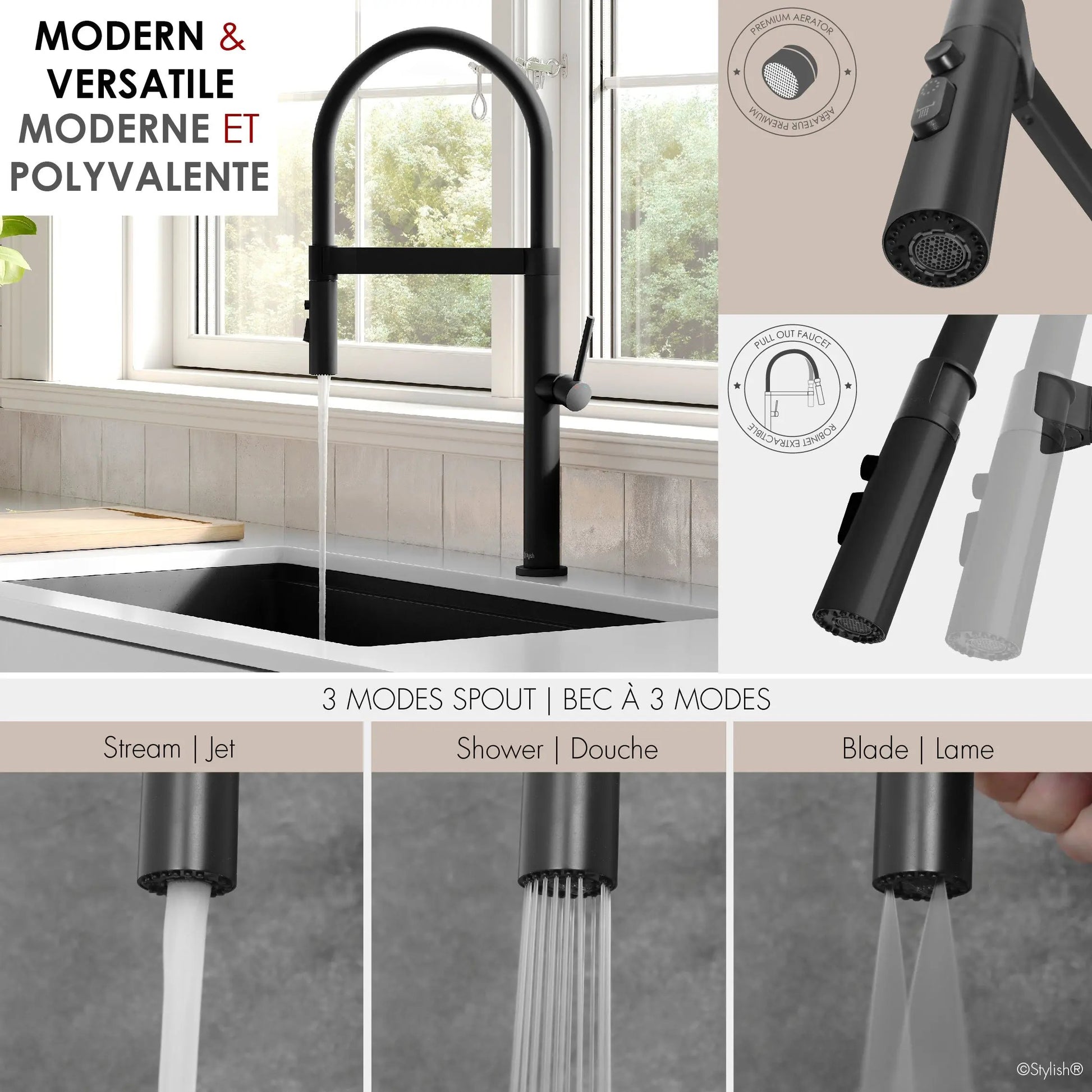 Stylish Single Handle Matte Black Pull Out Three Modes Kitchen Faucet - Plumbing Market
