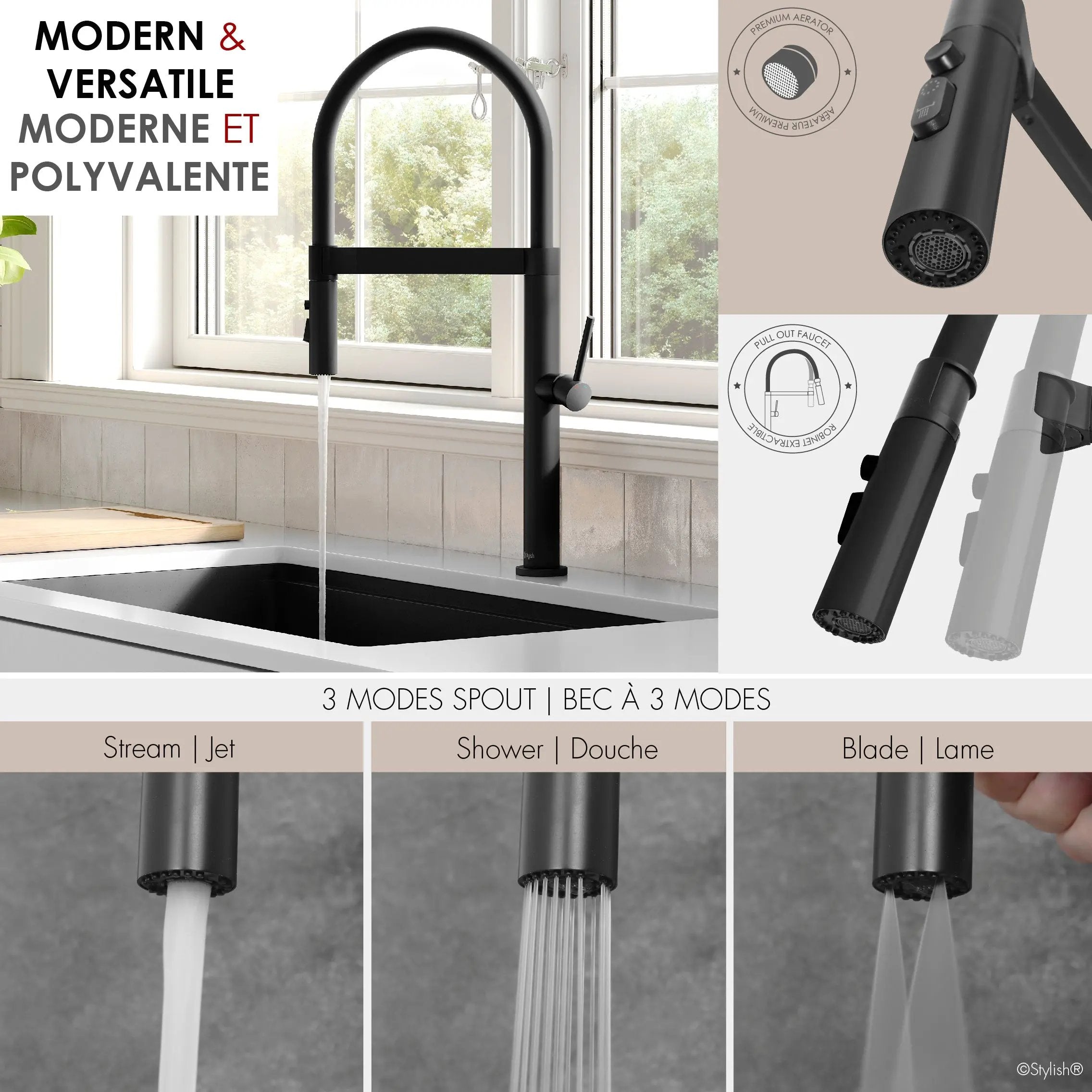 Stylish Single Handle Matte Black Pull Out Three Modes Kitchen Faucet - Plumbing Market