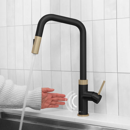 Stylish Single Handle Matte Black with Gold Pull Down Touchless Kitchen Faucet - Plumbing Market