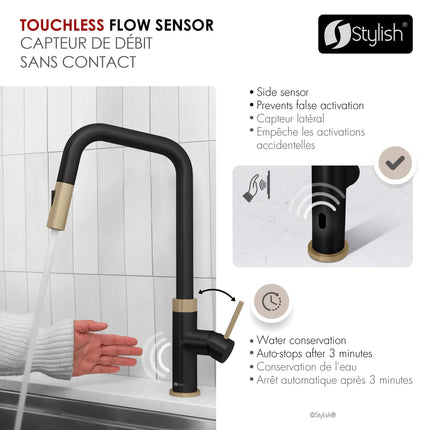 Stylish Single Handle Matte Black with Gold Pull Down Touchless Kitchen Faucet - Plumbing Market