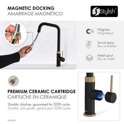 Stylish Single Handle Matte Black with Gold Pull Down Touchless Kitchen Faucet - Plumbing Market
