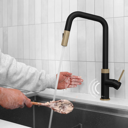 Stylish Single Handle Matte Black with Gold Pull Down Touchless Kitchen Faucet - Plumbing Market