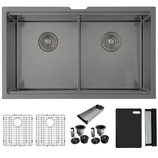 Stylish  Undermount 32 inch Graphite Black Stainless Steel Double Bowl Workstation Sink with Black Accesories - Plumbing Market