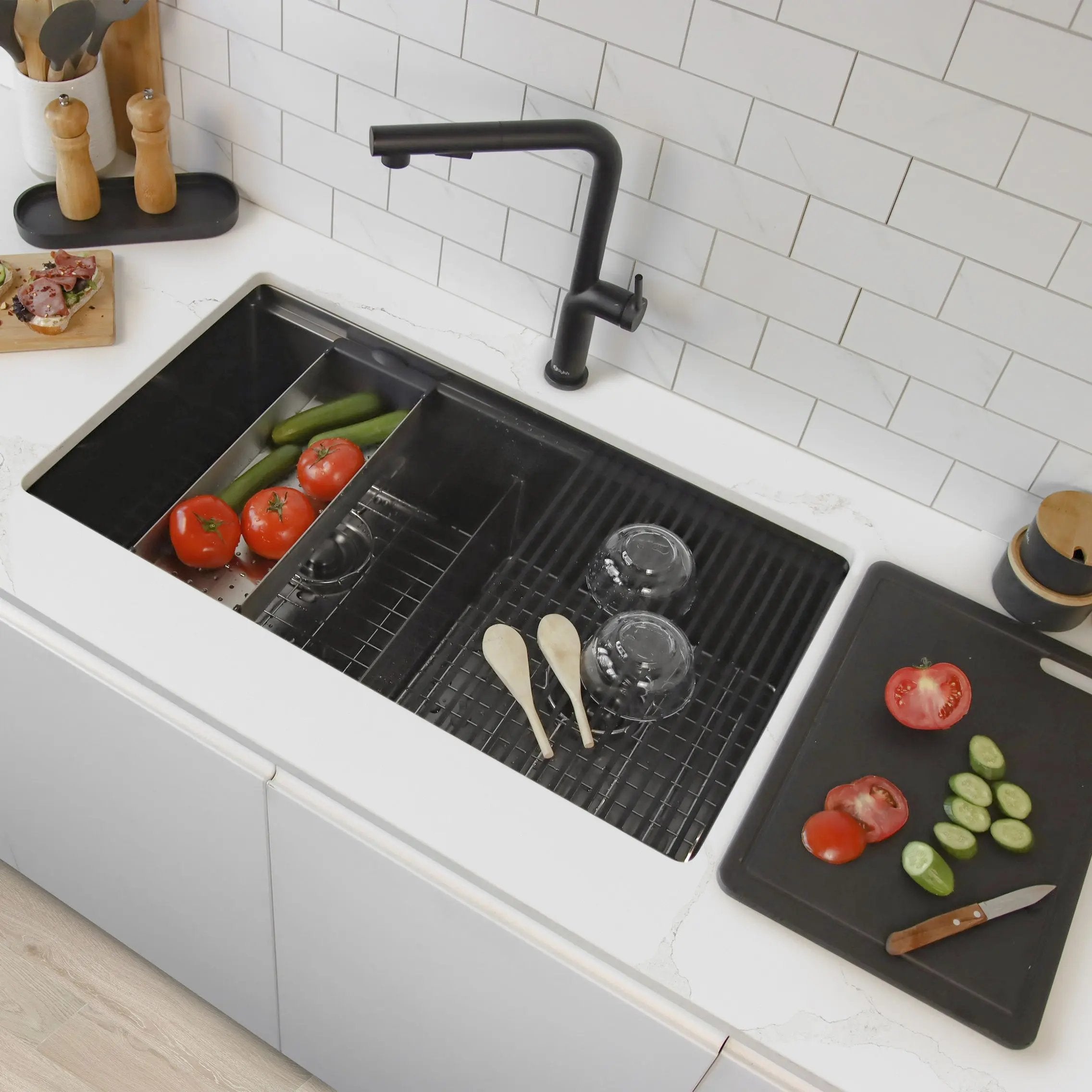 Stylish  Undermount 32 inch Graphite Black Stainless Steel Double Bowl Workstation Sink with Black Accesories - Plumbing Market