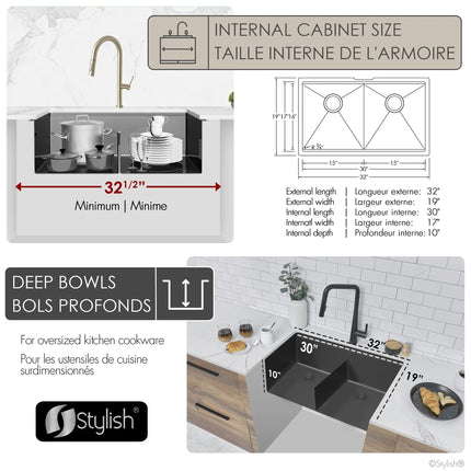 Stylish  Undermount 32 inch Graphite Black Stainless Steel Double Bowl Workstation Sink with Black Accesories - Plumbing Market