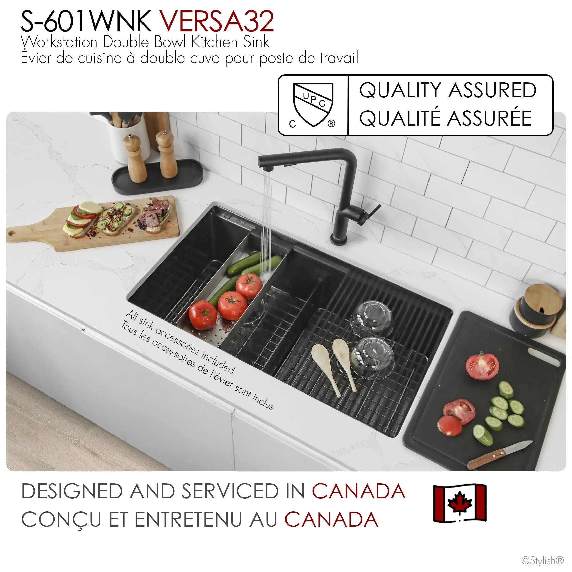 Stylish  Undermount 32 inch Graphite Black Stainless Steel Double Bowl Workstation Sink with Black Accesories - Plumbing Market
