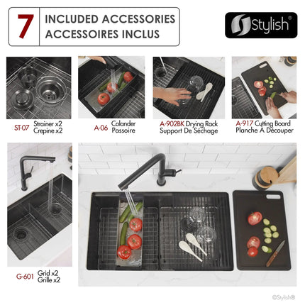 Stylish  Undermount 32 inch Graphite Black Stainless Steel Double Bowl Workstation Sink with Black Accesories - Plumbing Market