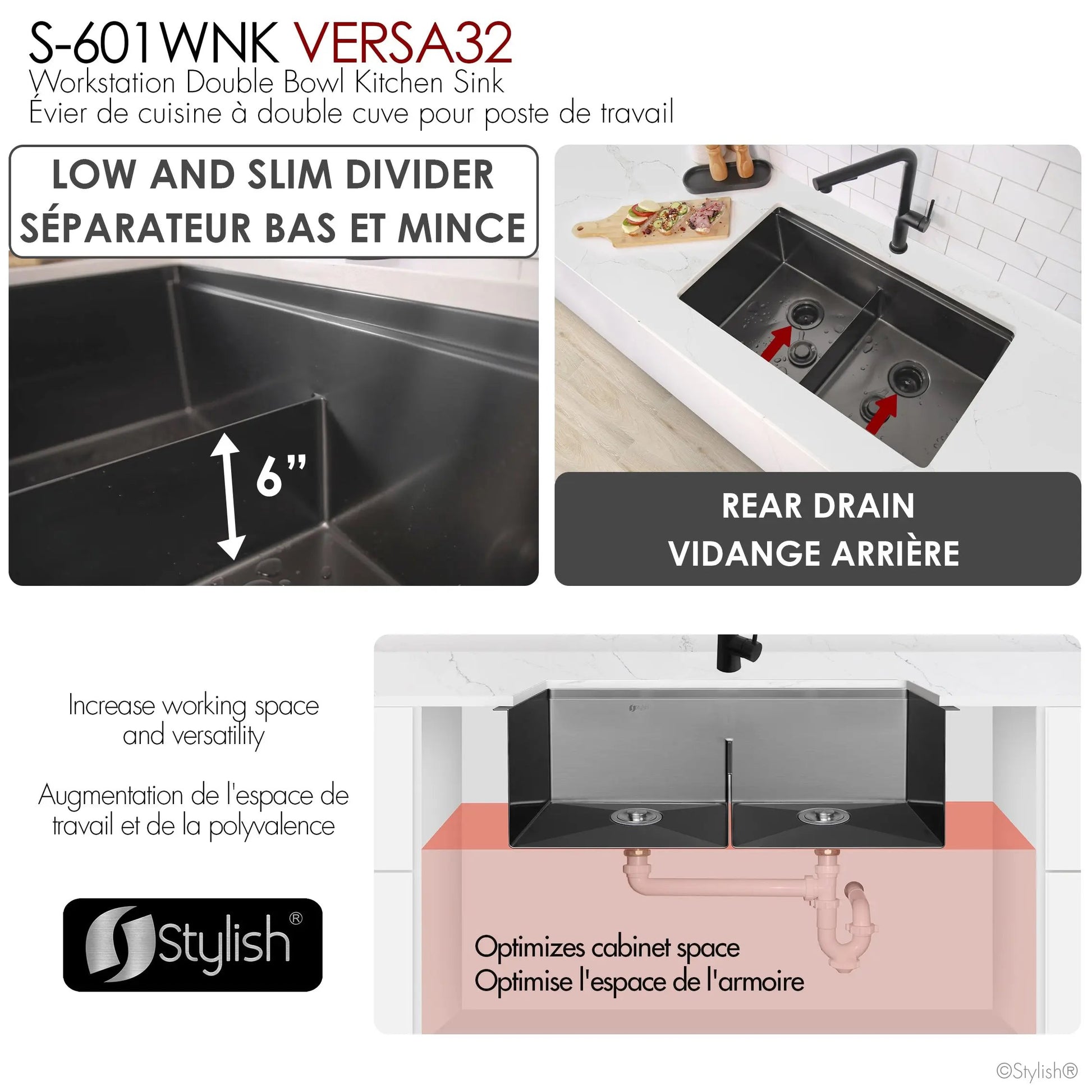 Stylish  Undermount 32 inch Graphite Black Stainless Steel Double Bowl Workstation Sink with Black Accesories - Plumbing Market
