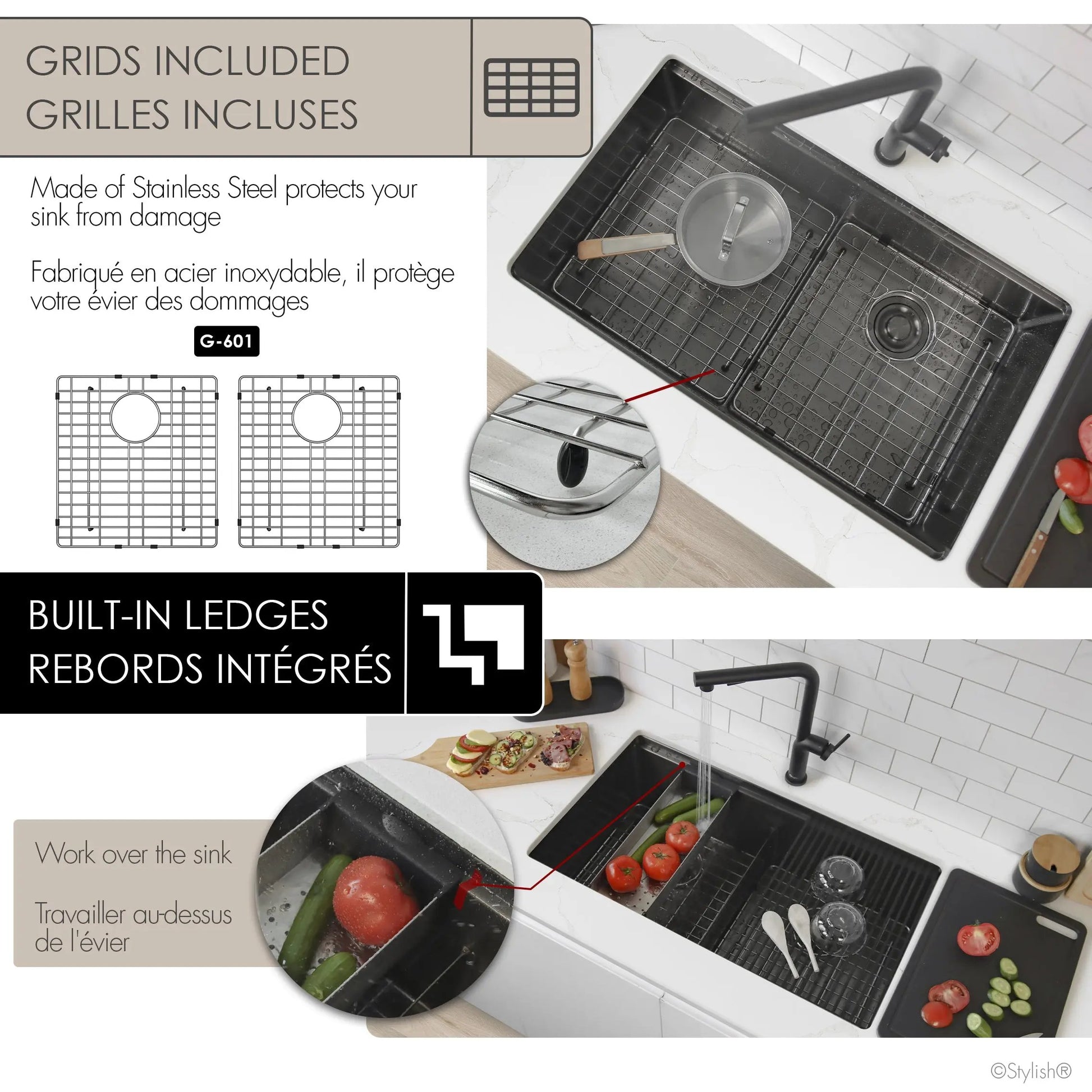 Stylish  Undermount 32 inch Graphite Black Stainless Steel Double Bowl Workstation Sink with Black Accesories - Plumbing Market