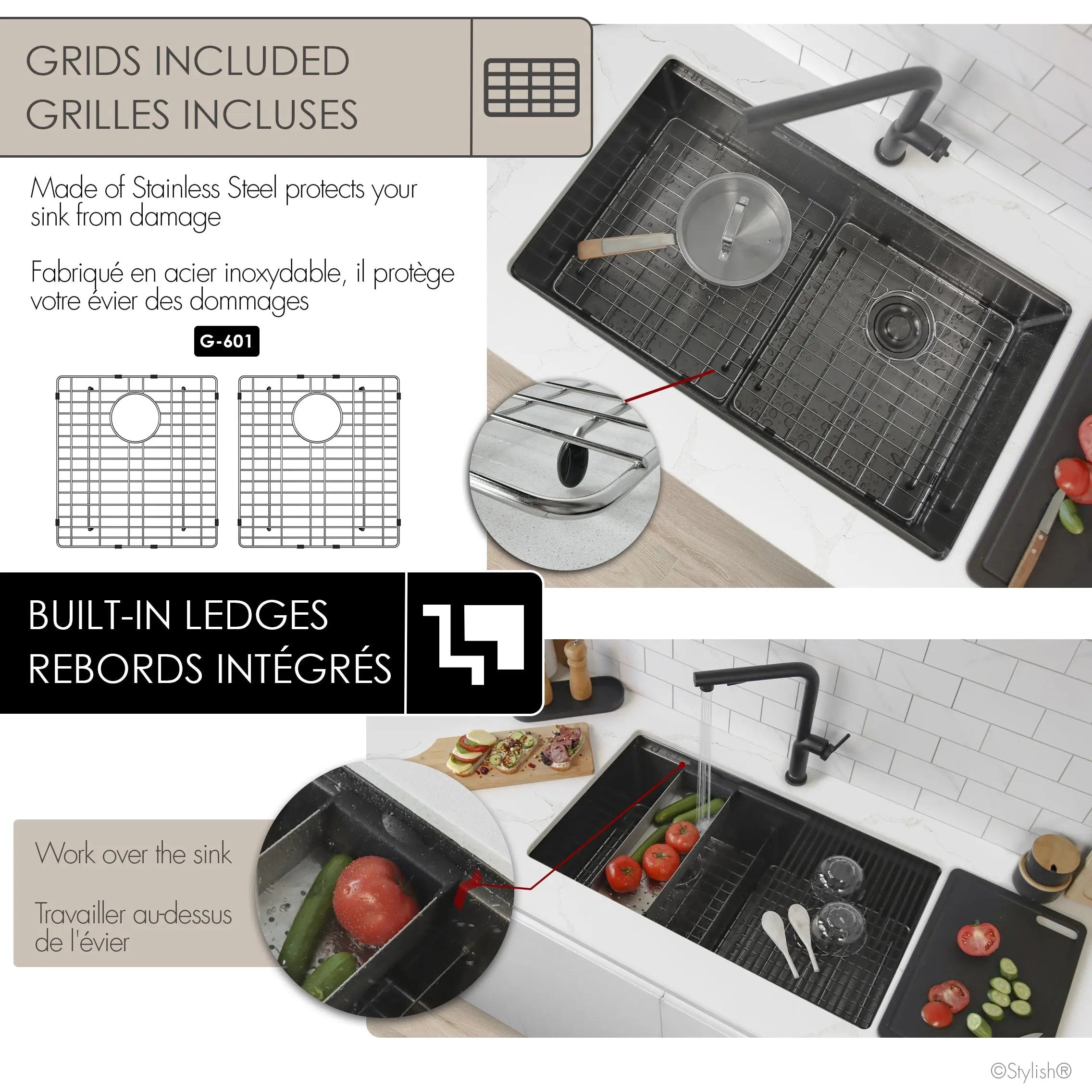 Stylish  Undermount 32 inch Graphite Black Stainless Steel Double Bowl Workstation Sink with Black Accesories - Plumbing Market