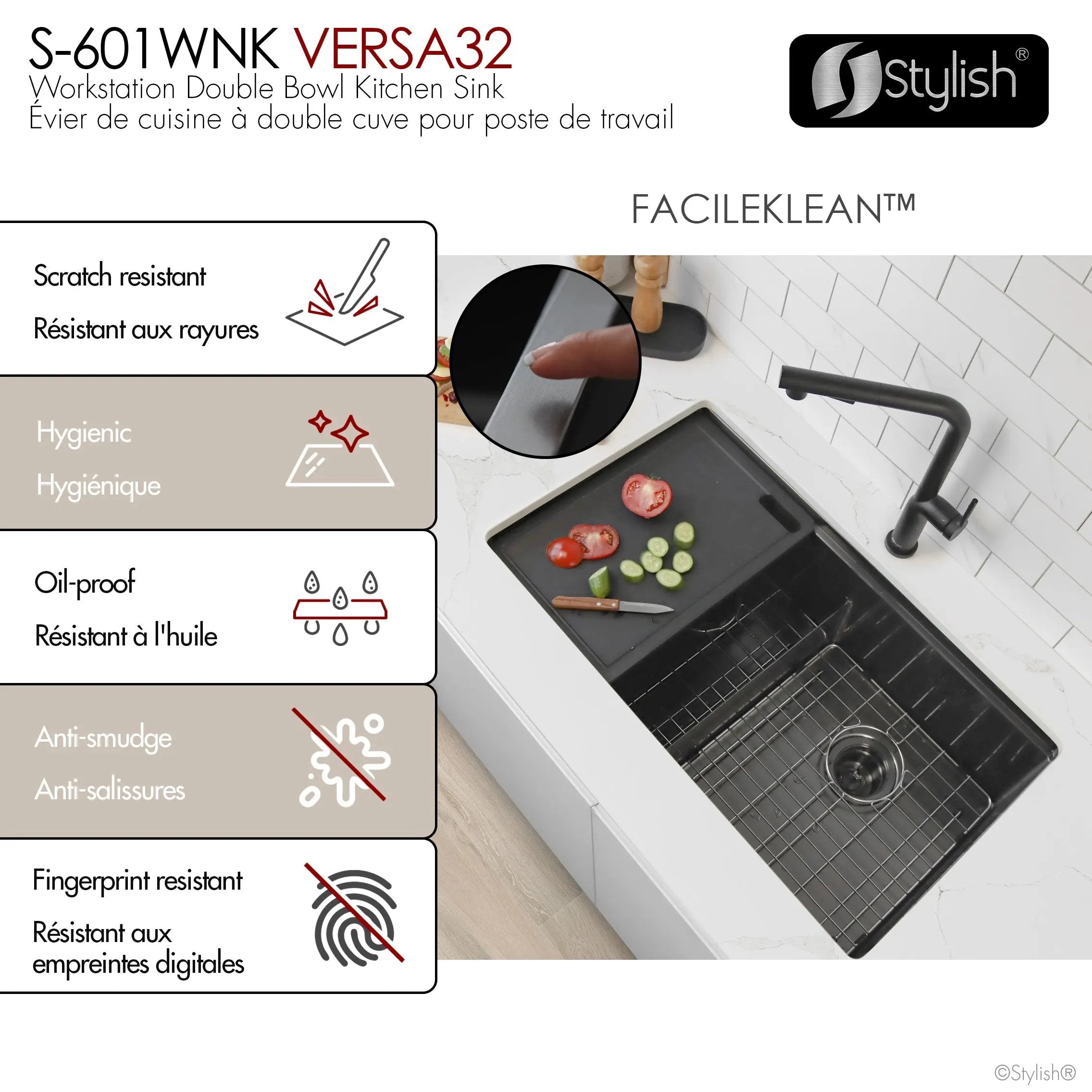 Stylish  Undermount 32 inch Graphite Black Stainless Steel Double Bowl Workstation Sink with Black Accesories - Plumbing Market