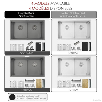 Stylish  Undermount 32 inch Graphite Black Stainless Steel Double Bowl Workstation Sink with Black Accesories - Plumbing Market