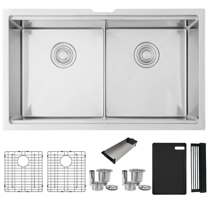 Stylish Undermount 32 inch Stainless Steel Double Bowl Workstation Sink with Black Accesories - Plumbing Market