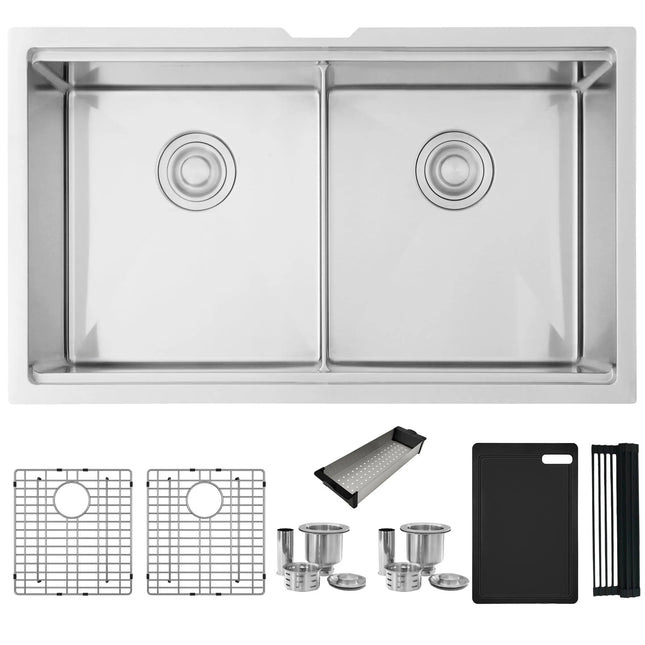 Stylish Undermount 32 inch Stainless Steel Double Bowl Workstation Sink with Black Accesories - Plumbing Market