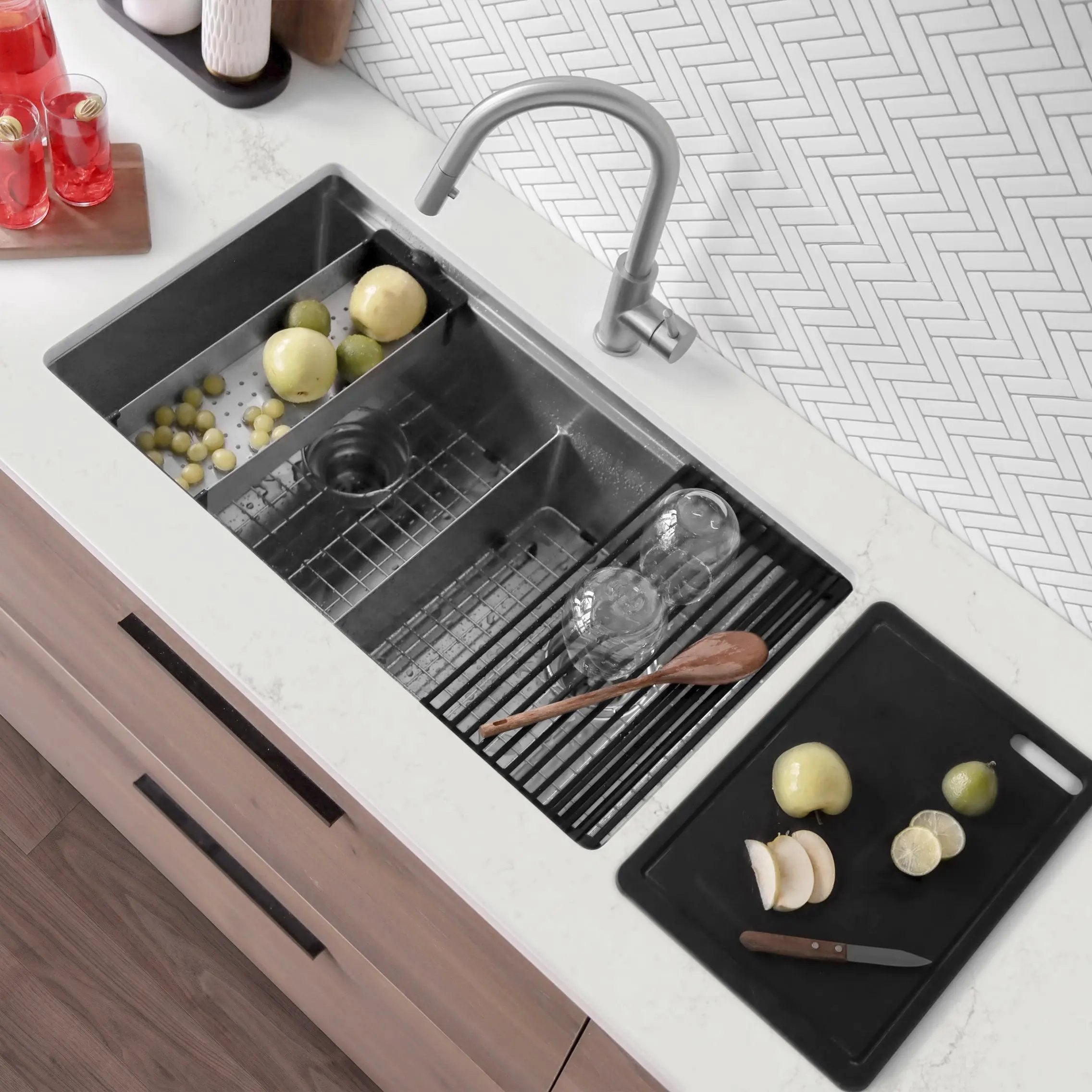 Stylish Undermount 32 inch Stainless Steel Double Bowl Workstation Sink with Black Accesories - Plumbing Market