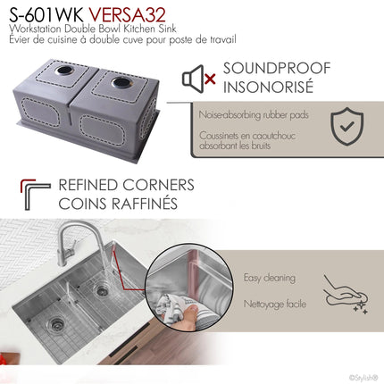 Stylish Undermount 32 inch Stainless Steel Double Bowl Workstation Sink with Black Accesories - Plumbing Market
