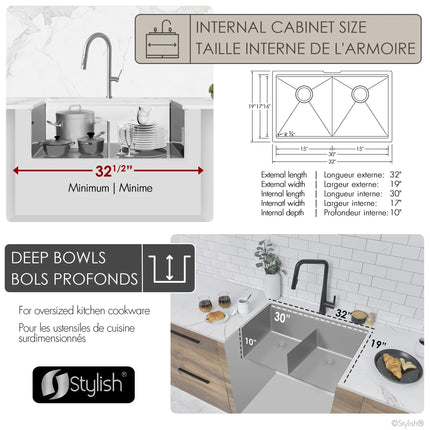 Stylish Undermount 32 inch Stainless Steel Double Bowl Workstation Sink with Black Accesories - Plumbing Market