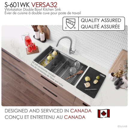 Stylish Undermount 32 inch Stainless Steel Double Bowl Workstation Sink with Black Accesories - Plumbing Market