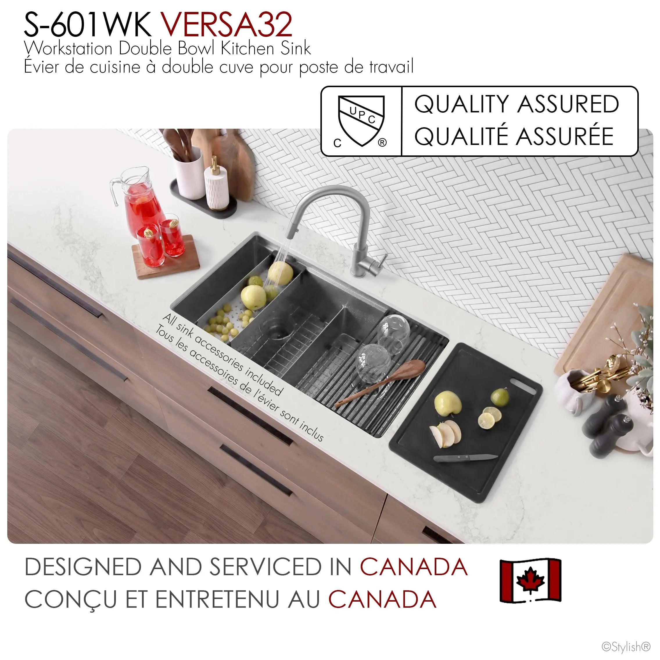 Stylish Undermount 32 inch Stainless Steel Double Bowl Workstation Sink with Black Accesories - Plumbing Market