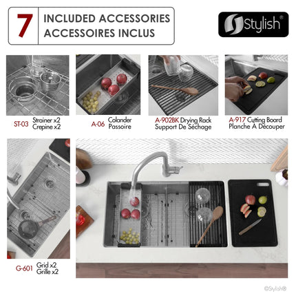 Stylish Undermount 32 inch Stainless Steel Double Bowl Workstation Sink with Black Accesories - Plumbing Market