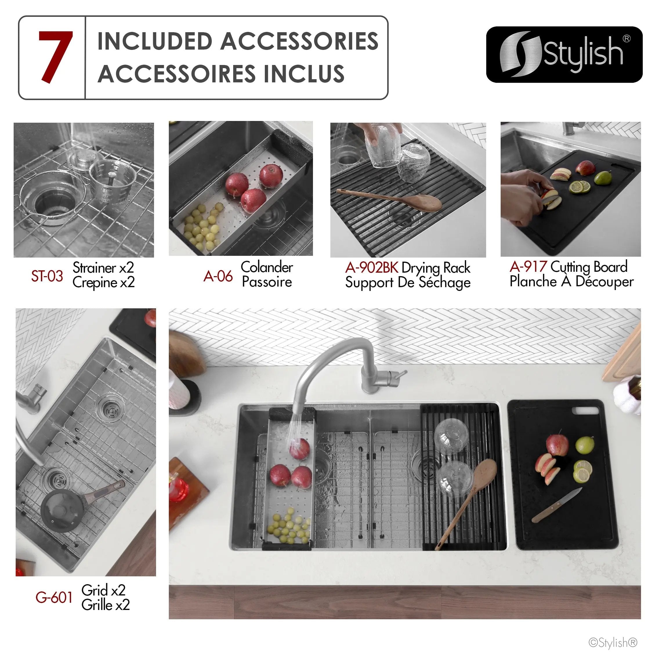 Stylish Undermount 32 inch Stainless Steel Double Bowl Workstation Sink with Black Accesories - Plumbing Market