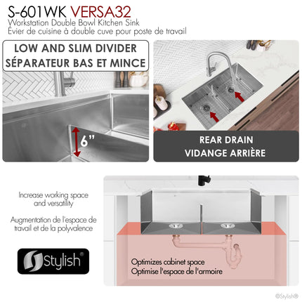 Stylish Undermount 32 inch Stainless Steel Double Bowl Workstation Sink with Black Accesories - Plumbing Market