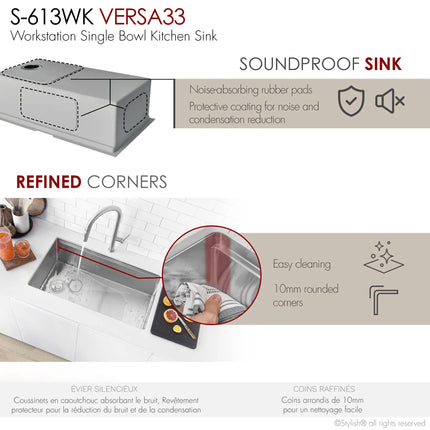 Stylish Undermount 33 inch Stainless Steel Single-Bowl Workstation Kitchen Sink - Plumbing Market