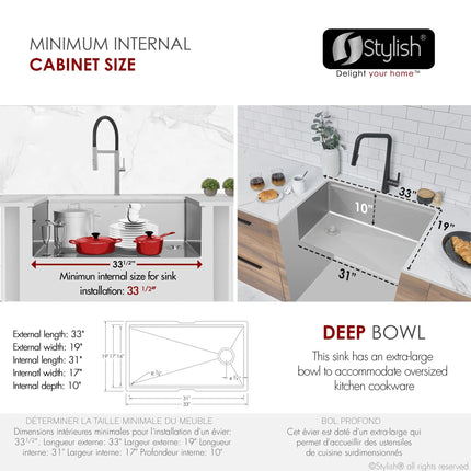 Stylish Undermount 33 inch Stainless Steel Single-Bowl Workstation Kitchen Sink - Plumbing Market
