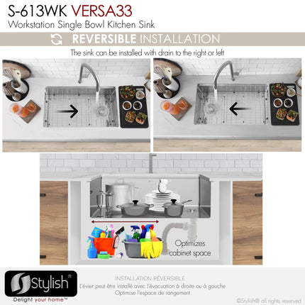 Stylish Undermount 33 inch Stainless Steel Single-Bowl Workstation Kitchen Sink - Plumbing Market