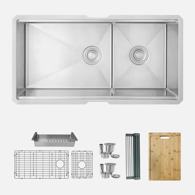 Stylish Undermount 36 inch Stainless Steel Double Bowl Workstation Kitchen Sink with Accessories - Plumbing Market