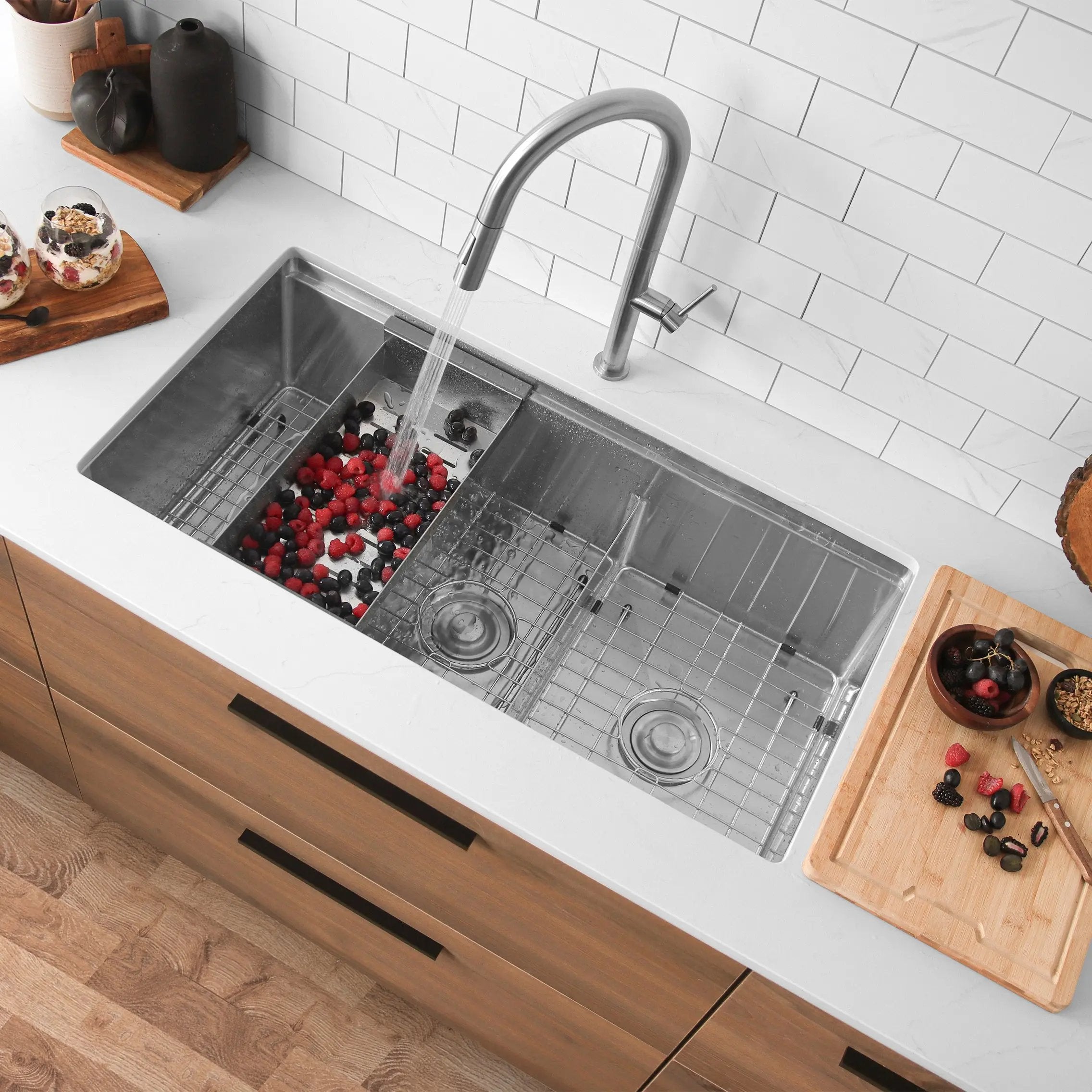 Stylish Undermount 36 inch Stainless Steel Double Bowl Workstation Kitchen Sink with Accessories - Plumbing Market
