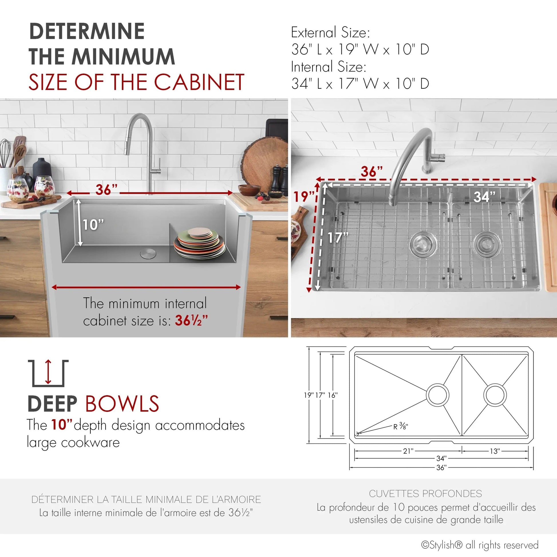 Stylish Undermount 36 inch Stainless Steel Double Bowl Workstation Kitchen Sink with Accessories - Plumbing Market