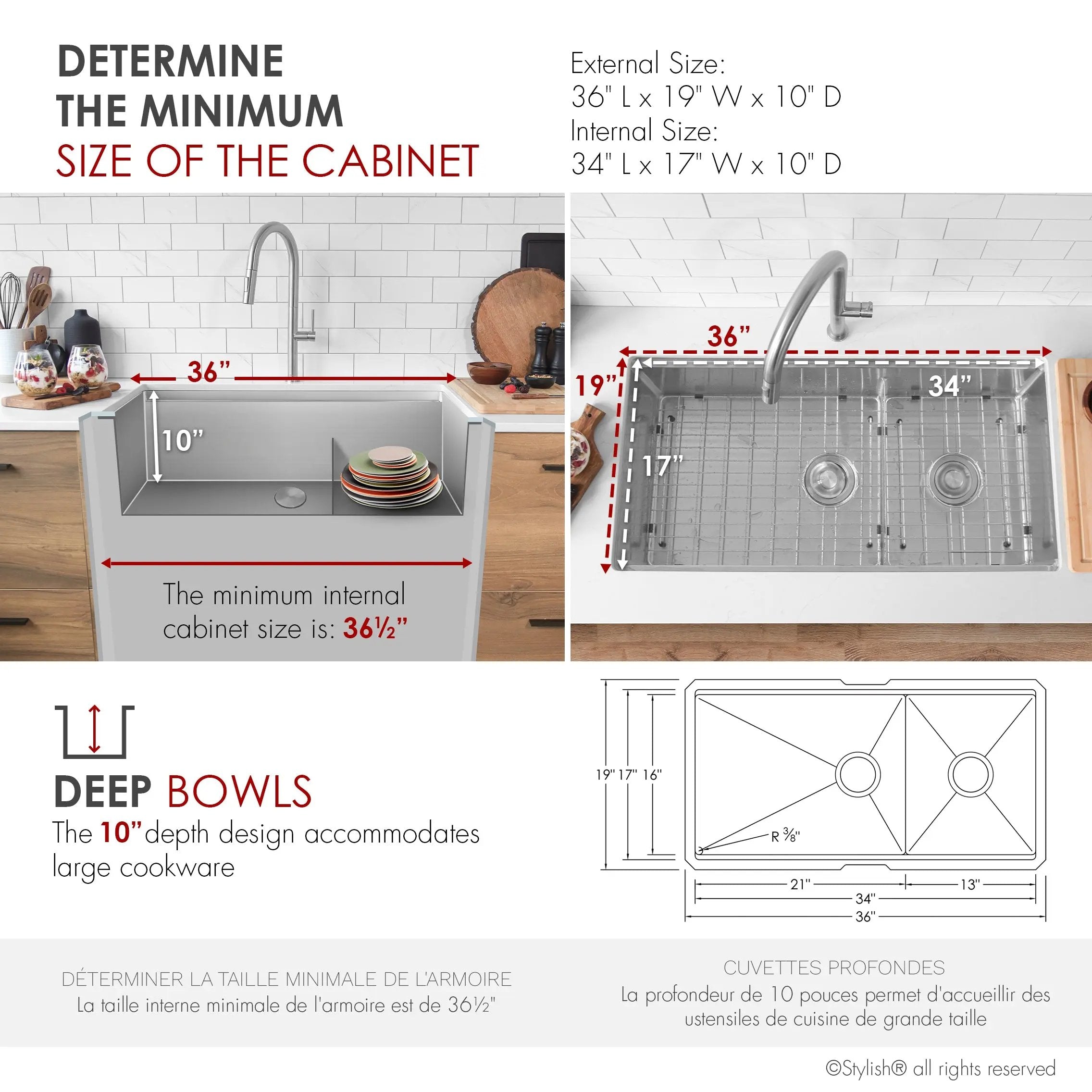 Stylish Undermount 36 inch Stainless Steel Double Bowl Workstation Kitchen Sink with Accessories - Plumbing Market