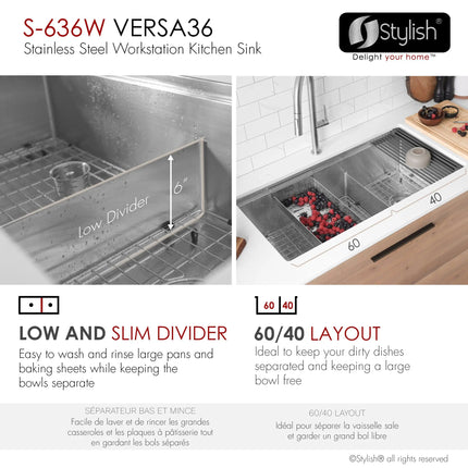 Stylish Undermount 36 inch Stainless Steel Double Bowl Workstation Kitchen Sink with Accessories - Plumbing Market