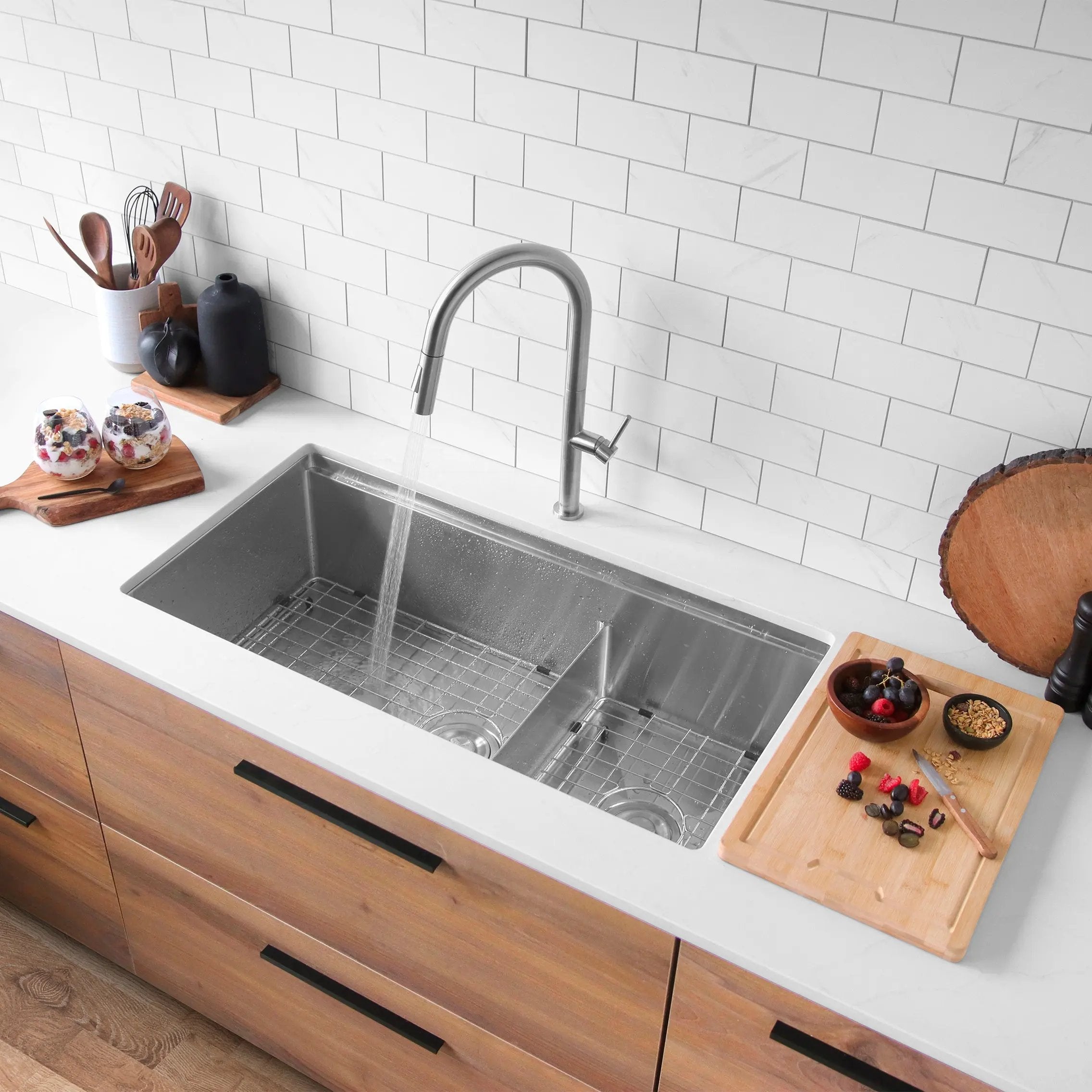 Stylish Undermount 36 inch Stainless Steel Double Bowl Workstation Kitchen Sink with Accessories - Plumbing Market