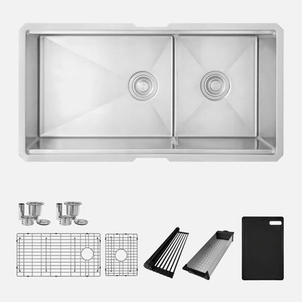 Stylish Undermount 36 inch Stainless Steel Double Bowl Workstation Kitchen Sink with Black Accessories - Plumbing Market