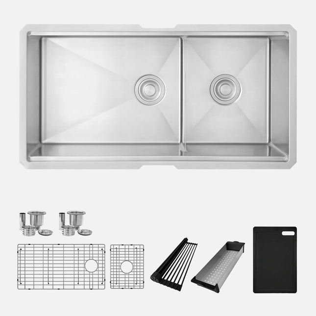 Stylish Undermount 36 inch Stainless Steel Double Bowl Workstation Kitchen Sink with Black Accessories - Plumbing Market