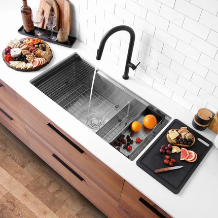 Stylish Undermount 36 inch Stainless Steel Double Bowl Workstation Kitchen Sink with Black Accessories - Plumbing Market