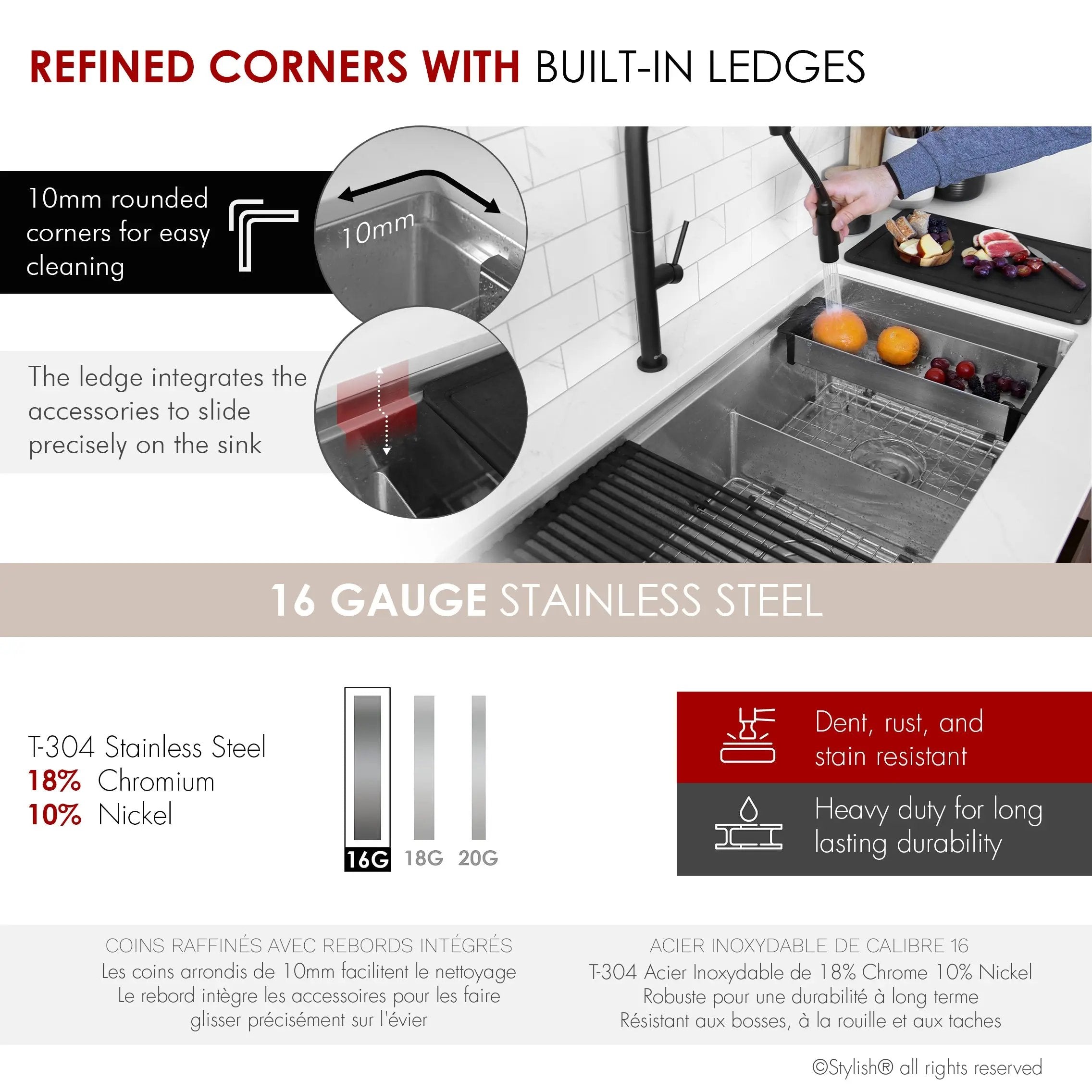 Stylish Undermount 36 inch Stainless Steel Double Bowl Workstation Kitchen Sink with Black Accessories - Plumbing Market