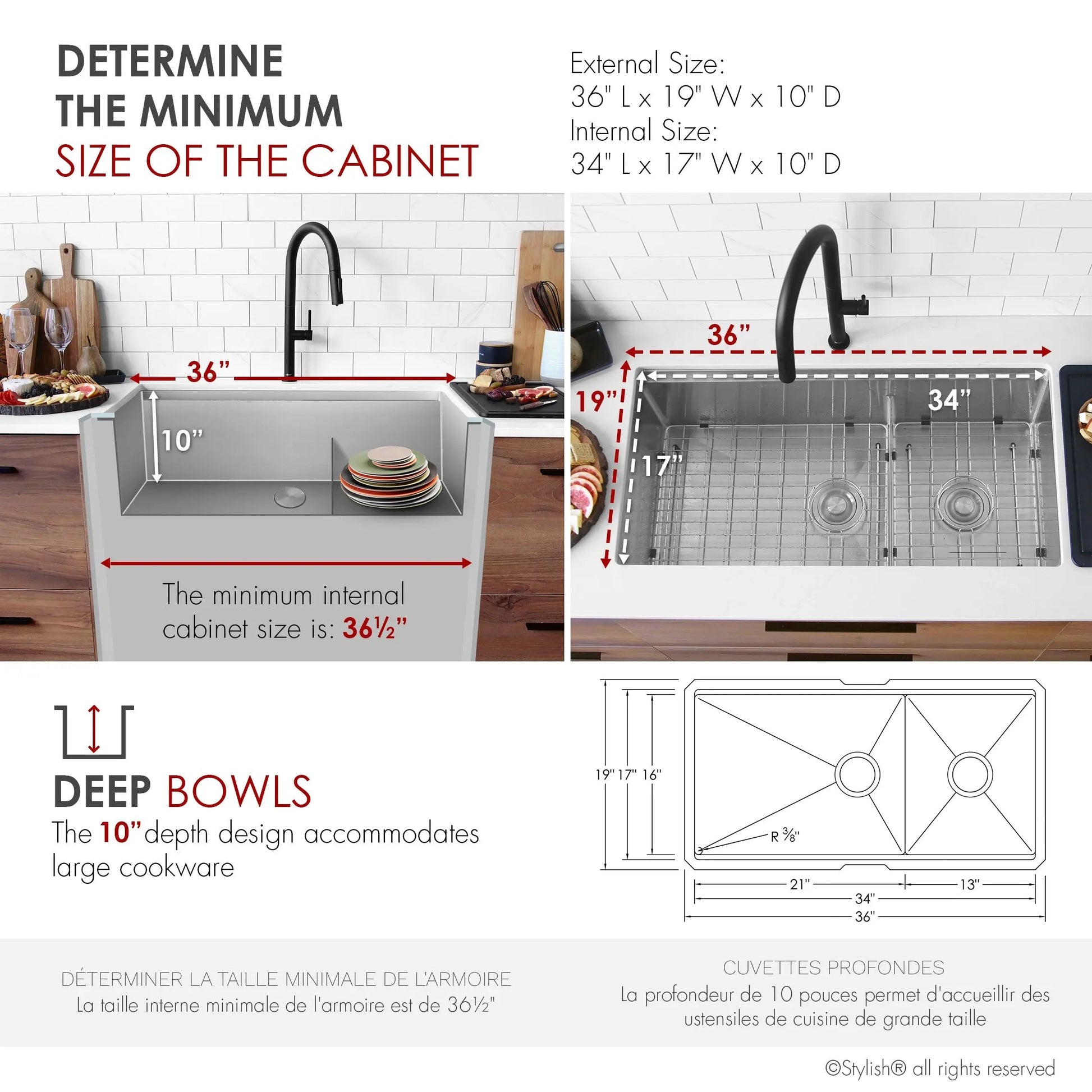 Stylish Undermount 36 inch Stainless Steel Double Bowl Workstation Kitchen Sink with Black Accessories - Plumbing Market