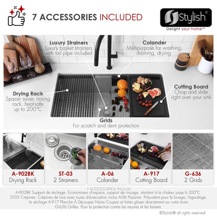 Stylish Undermount 36 inch Stainless Steel Double Bowl Workstation Kitchen Sink with Black Accessories - Plumbing Market