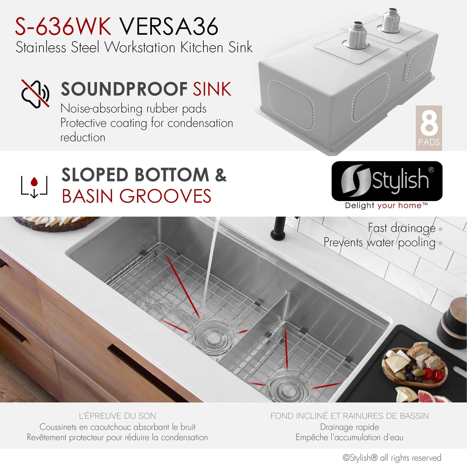 Stylish Undermount 36 inch Stainless Steel Double Bowl Workstation Kitchen Sink with Black Accessories - Plumbing Market