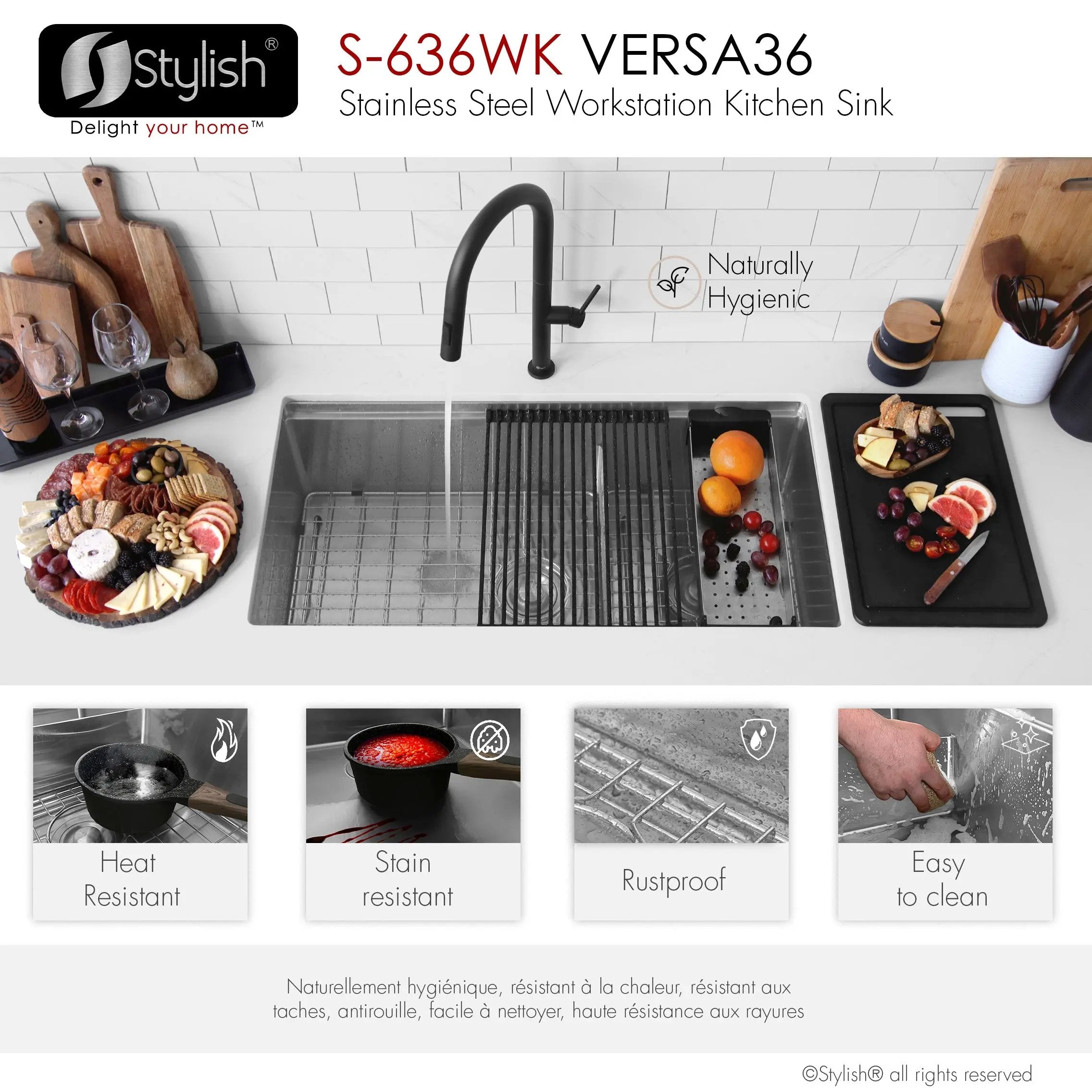 Stylish Undermount 36 inch Stainless Steel Double Bowl Workstation Kitchen Sink with Black Accessories - Plumbing Market